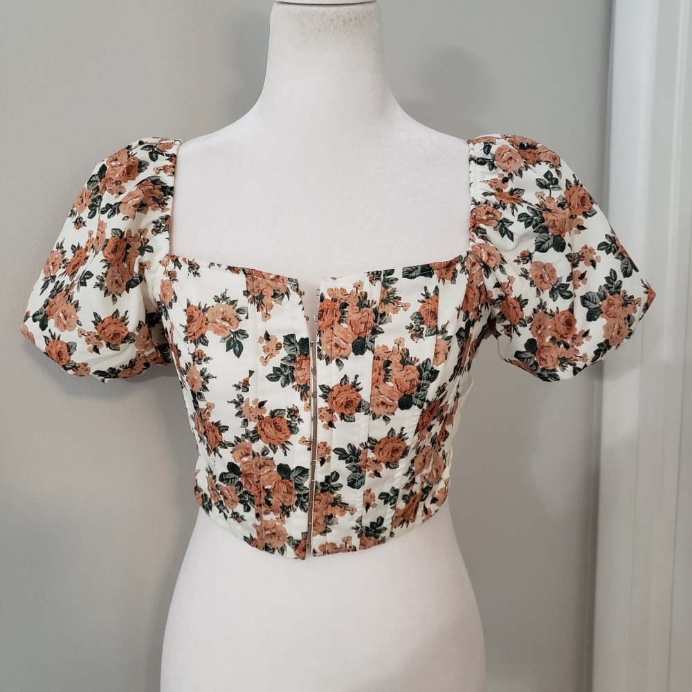 Coquette Floral Corset Crop Top Small Cottagecore Romantic Dainty Puff Sleeves
